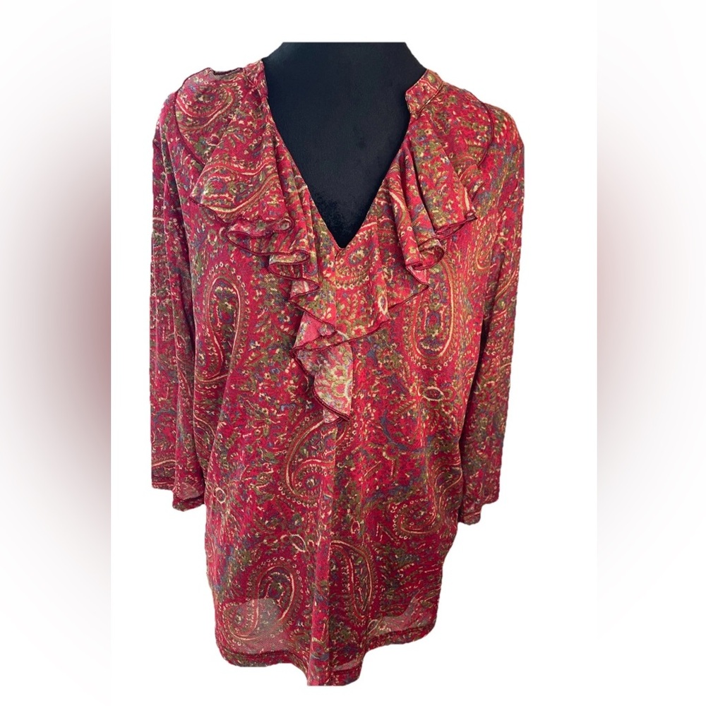 Chaps ladies pullover mesh‎ Y2K burgundy paisley ruffle V-neck top size 2X